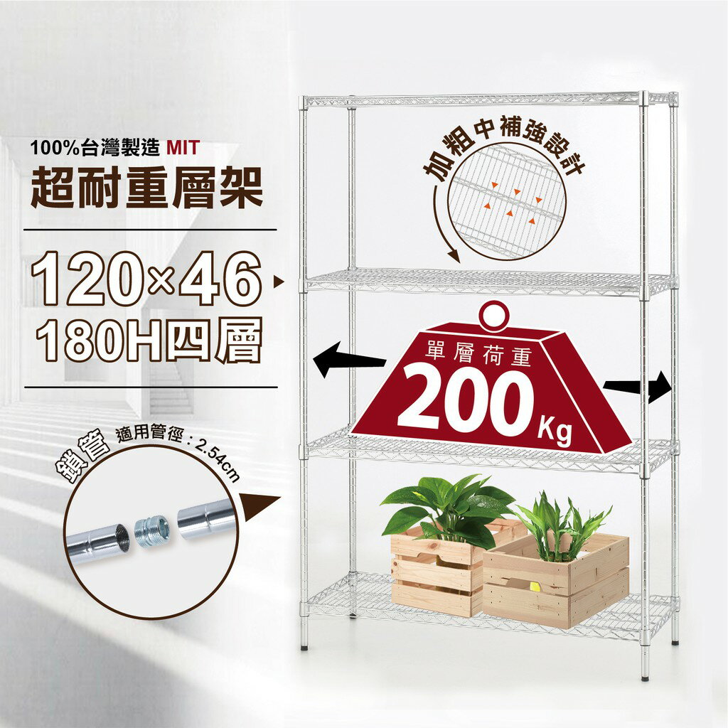 【中補強設計｜耐重款200KG】120x46x180H 四層架 鐵力士架 置物架 波浪架 貨架 組合架 展示架 收納架
