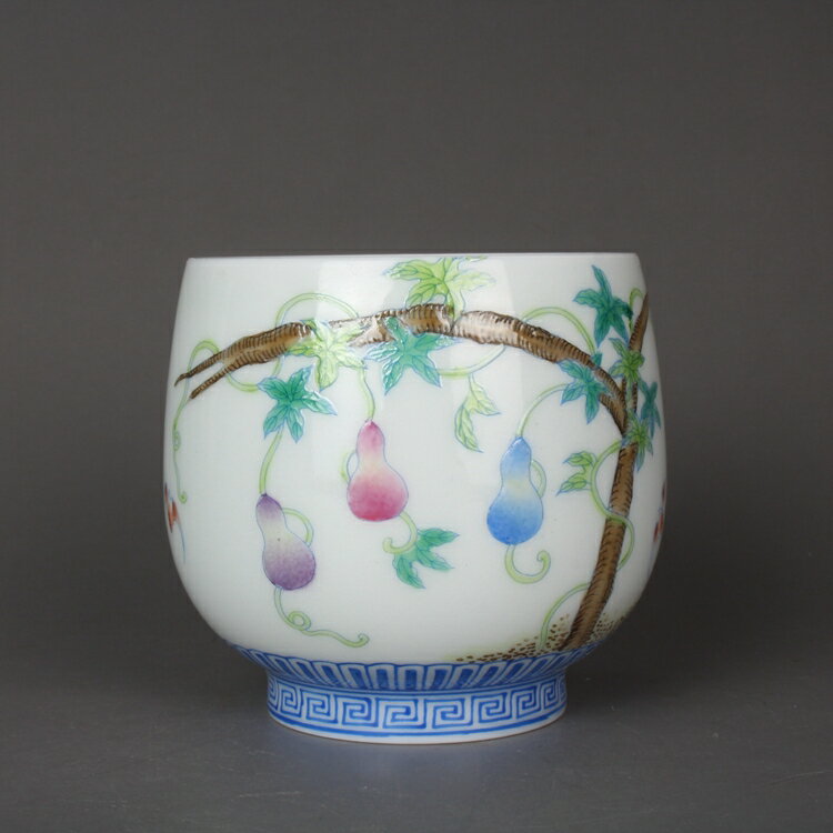 清雍正粉彩手繪瓜藤紋茶杯主人杯古玩古董陶瓷器仿古老貨收藏擺件