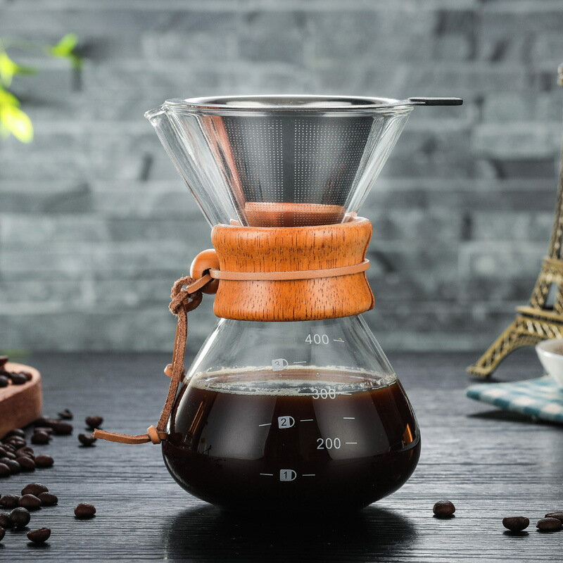手工耐熱玻璃咖啡壺過濾壺手沖咖啡壺不銹鋼濾網滴漏壺咖啡分享壺