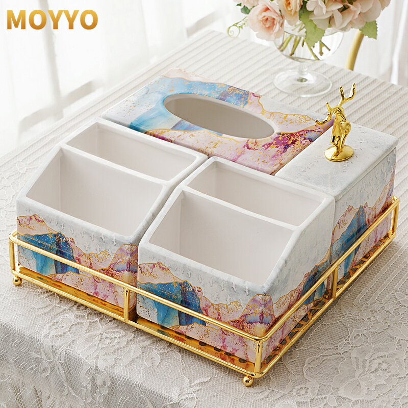 moyyo 歐式輕奢陶瓷抽紙盒客廳茶幾桌面紙巾盒多功能遙控器收納