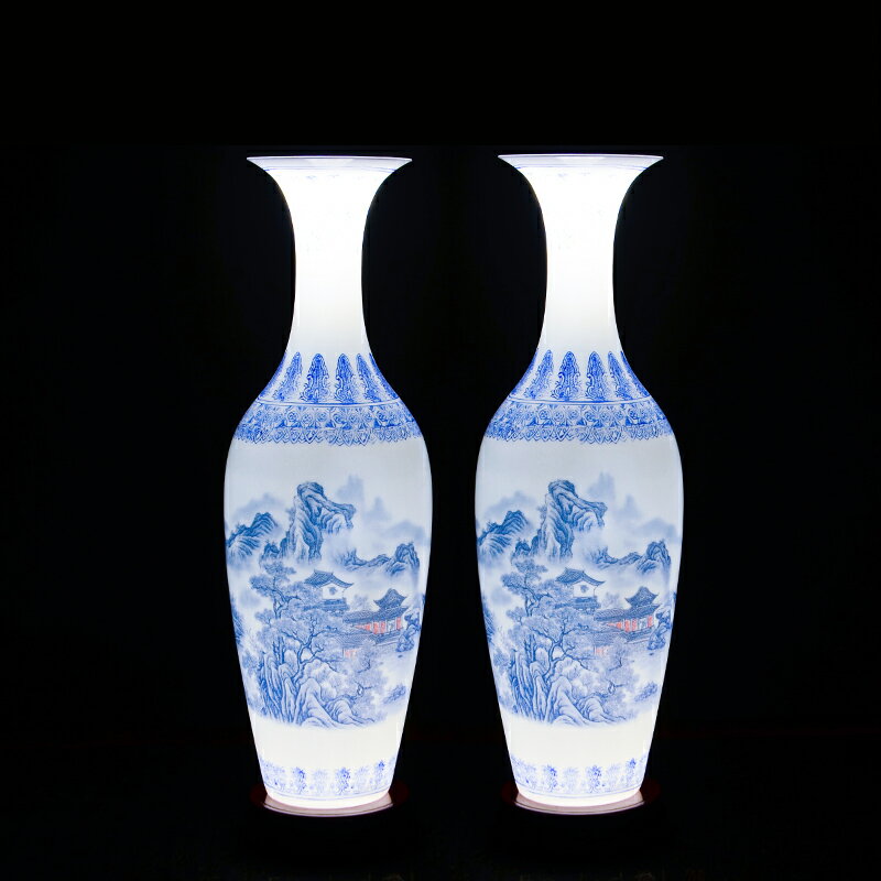 景德鎮陶瓷器 薄胎青花瓷山水畫花瓶中式古典家居客廳裝飾品擺件 0