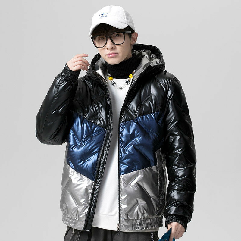 真 羽絨90%白鴨絨 羽絨外套鴨絨夾克-拼色亮面連帽短款男外套3色73zh11【獨家進口】【米蘭精品】