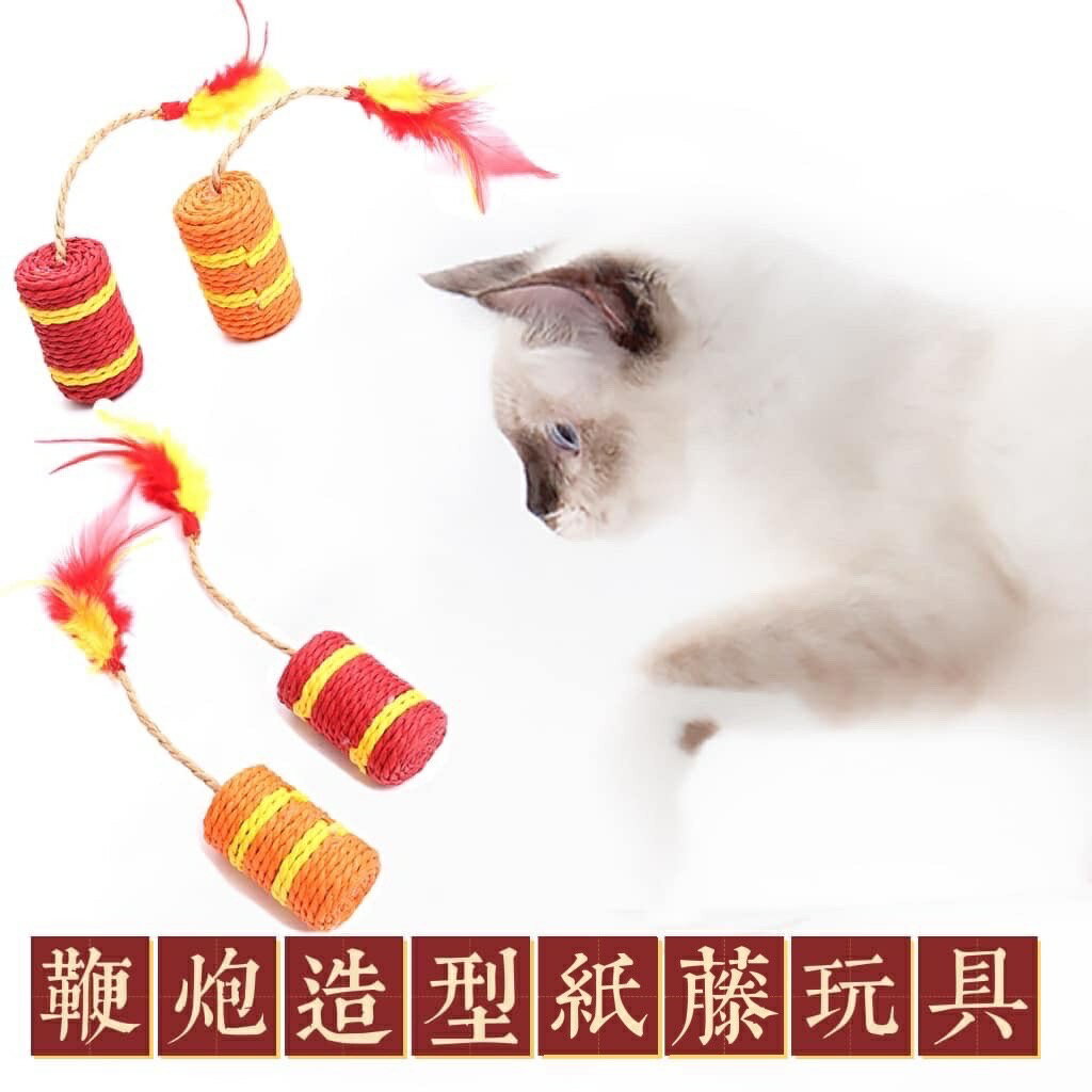 『台灣x現貨秒出』鞭炮造型紙藤尾端羽毛寵物玩具 貓咪玩具 貓玩具 羽毛玩具