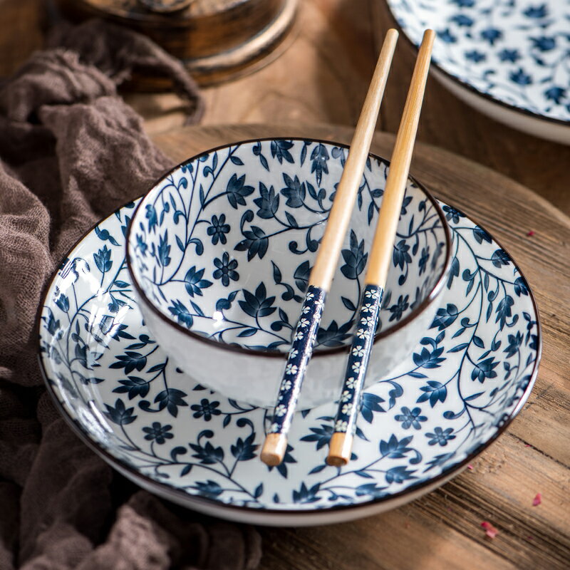 日式青花瓷碗套裝 陶瓷碗家用10個高腳防燙吃飯碗 禮品碗筷禮盒裝