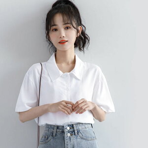 短袖白色襯衫女設計感學生韓版寬鬆夏季中長款日系襯衣上衣女洋氣
