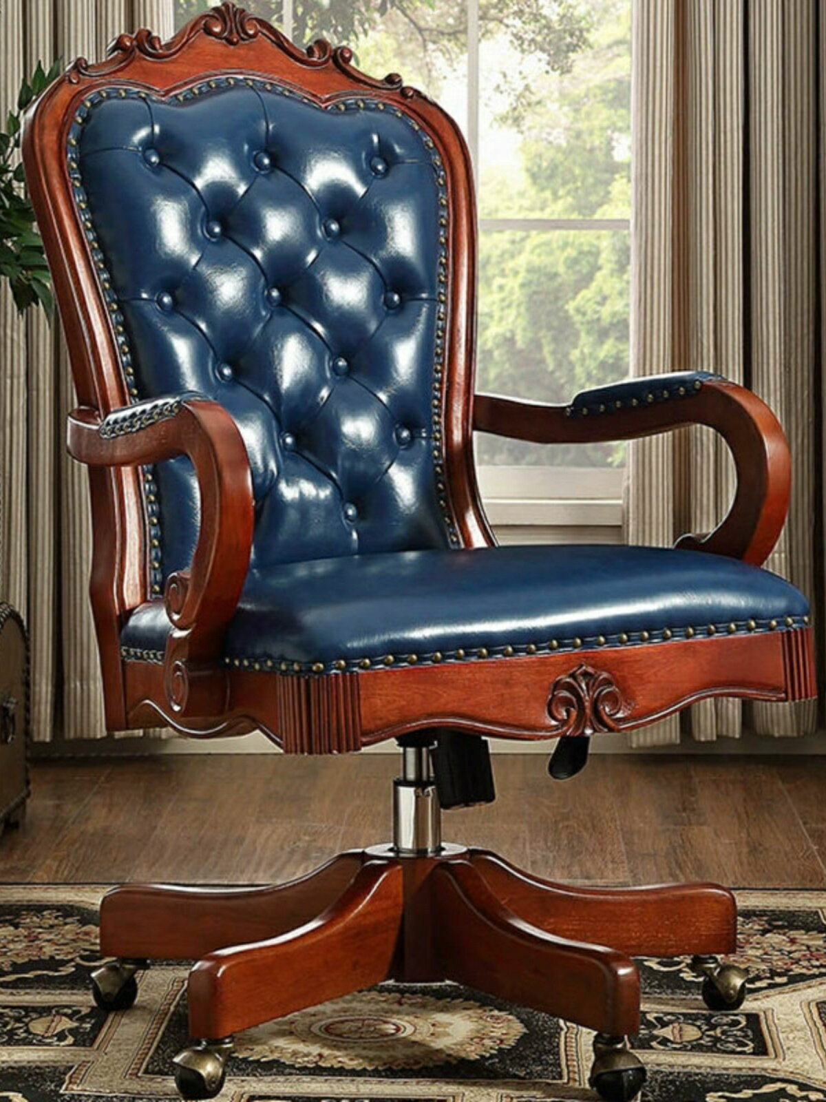 美式書椅可旋轉 實木升降椅真皮轉椅歐式辦公椅老板椅 主播電腦椅