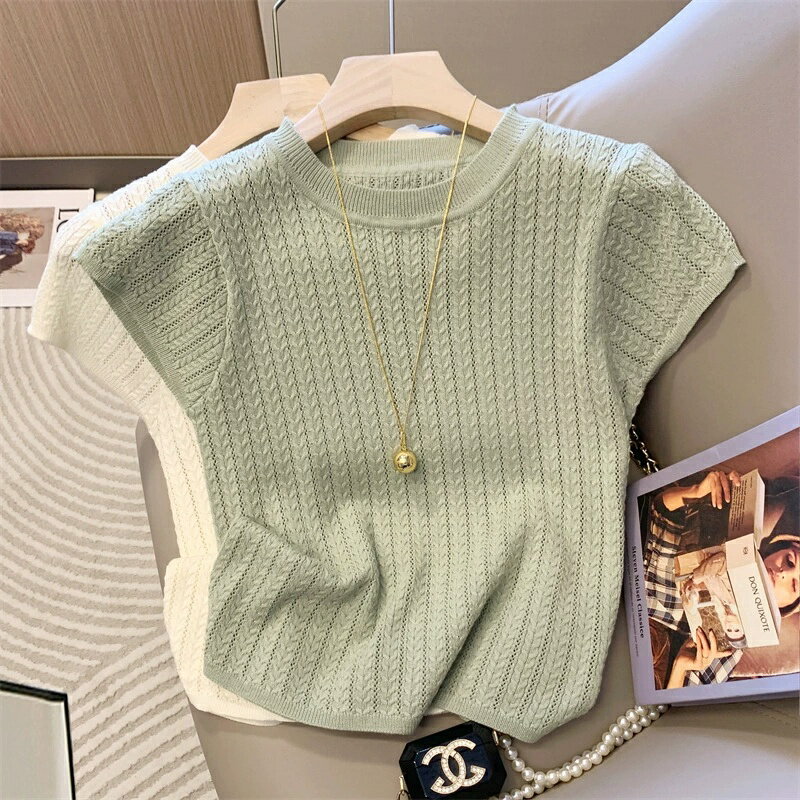 現貨+預購 針織衫短袖T恤-圓領輕薄純色打底女上衣2色74kx19【獨家進口】【米蘭精品】