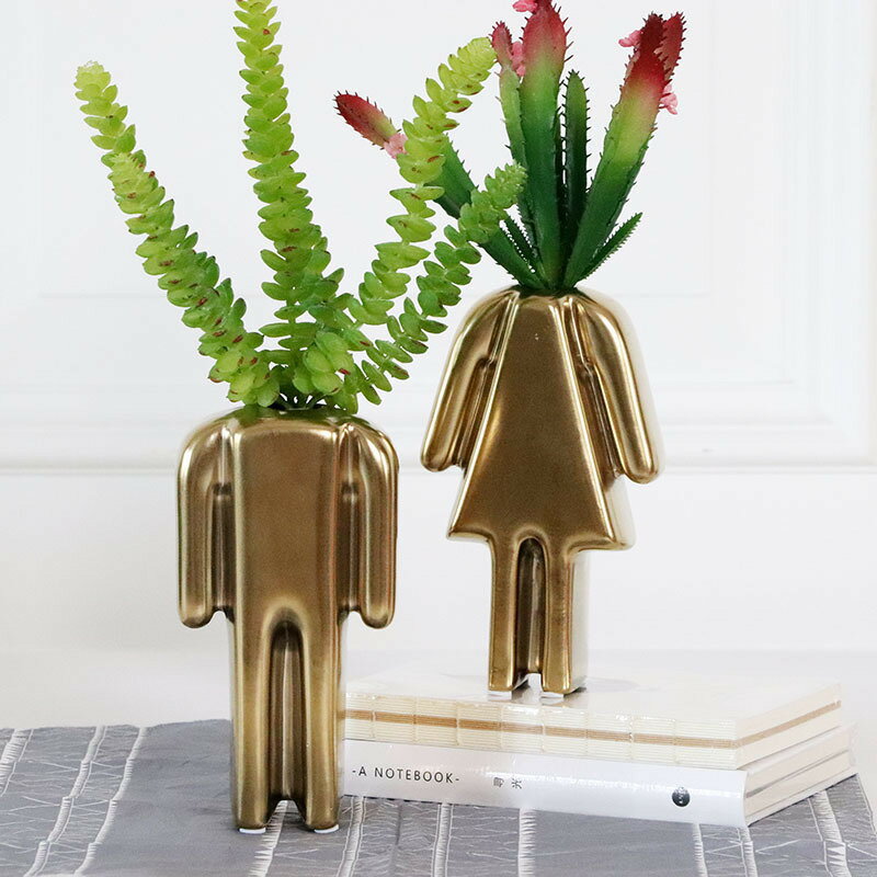 北歐簡約時尚金色陶瓷男生女生創意造型花瓶花器客廳裝飾擺件擺設