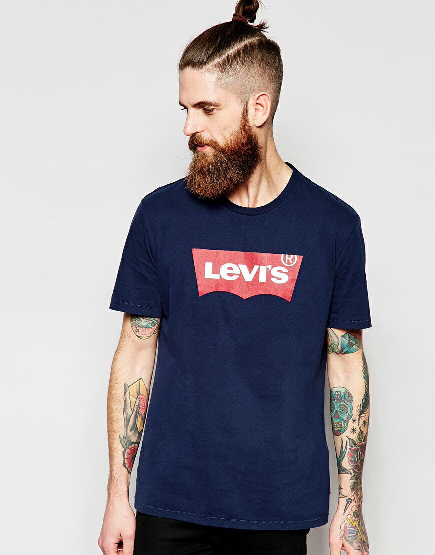 美國百分百【Levis】短袖 T恤 logo 男款 T-shirt 上衣 專櫃款 tee 短T 深藍 M L號 F223