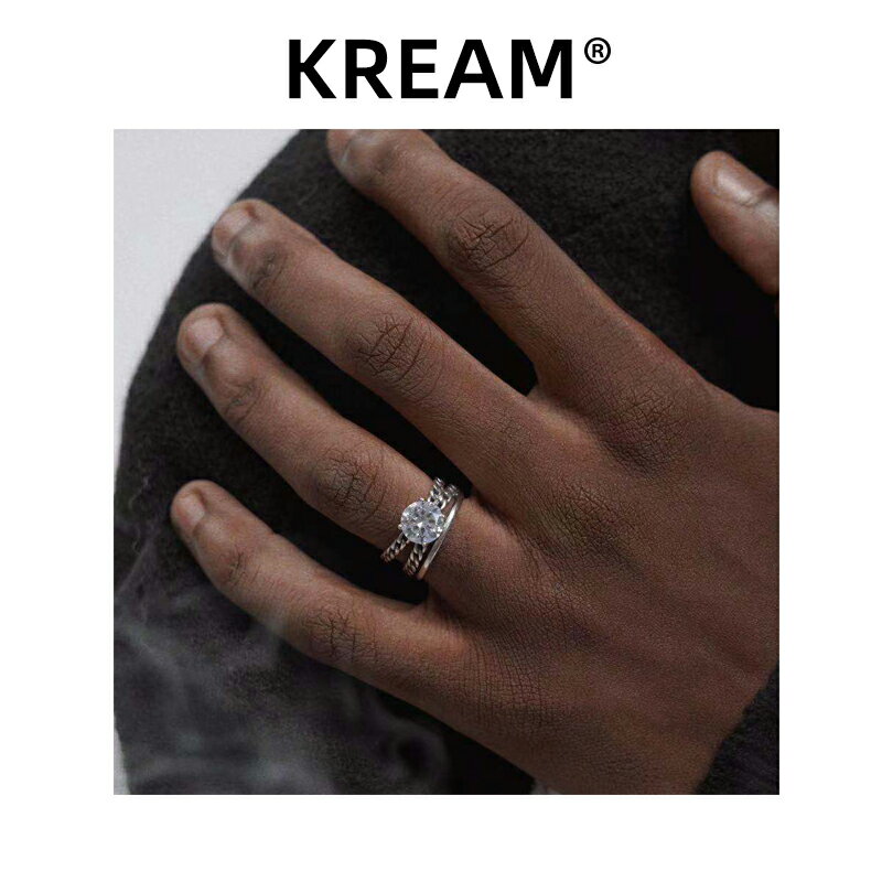 KREAM S925 純銀復古做舊鋯石戒指男女同款嘻哈 開口可調節