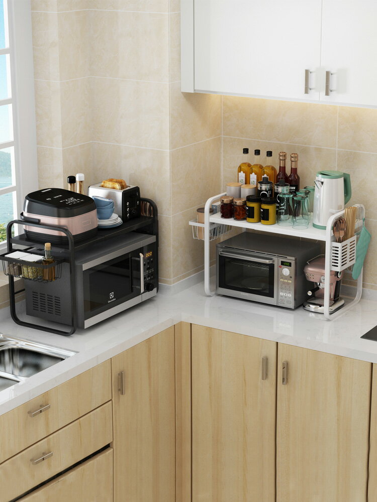 可伸縮廚房微波爐置物架家用烤箱微波爐架子雙層臺面多功能收納架