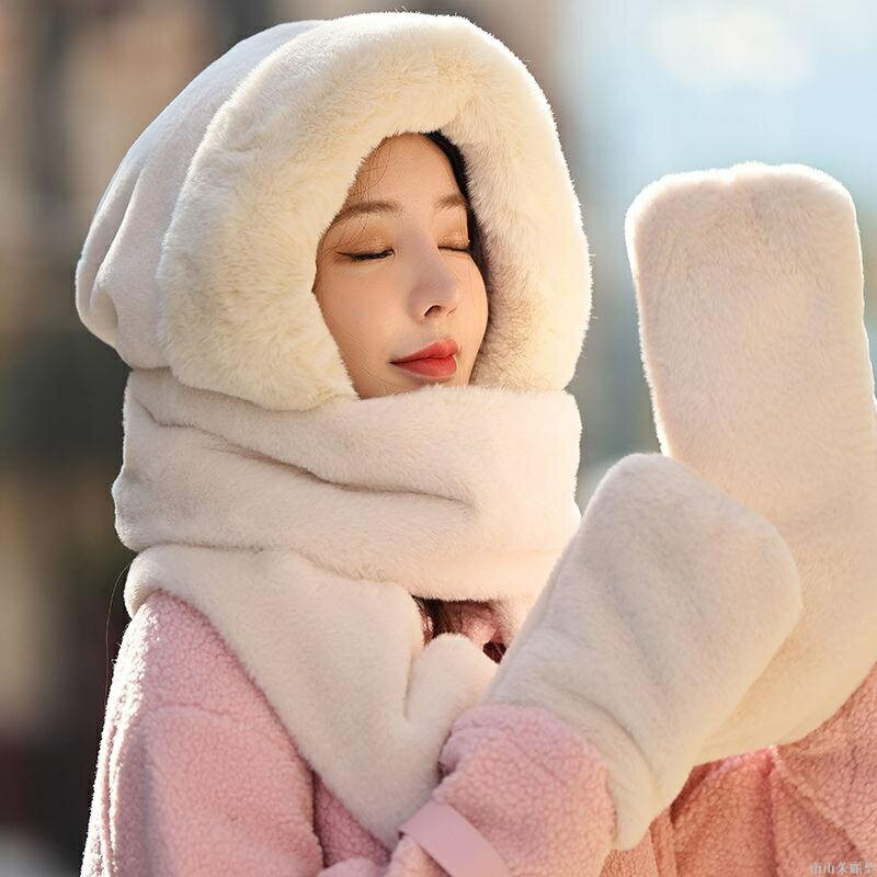 一體女冬季保暖三件套加絨加厚連帽冬天帶圍脖手套帽子女冬季圍巾保暖帽 毛帽 雪帽 針織帽 大頭圍帽子