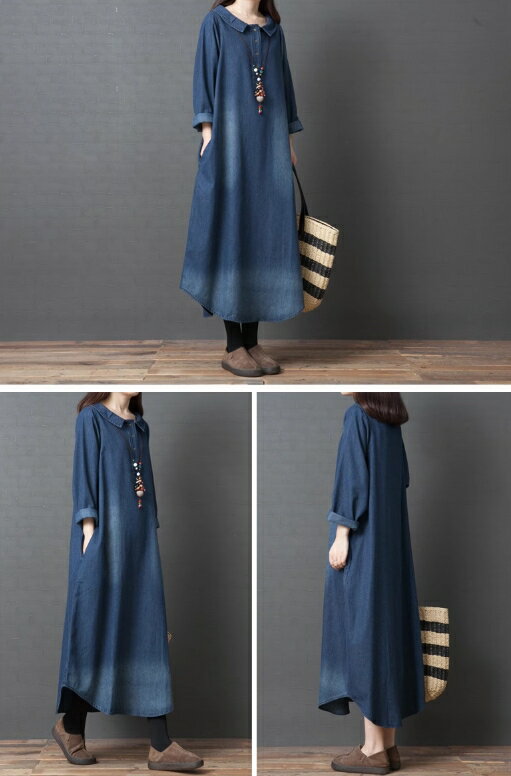 韓版女裝 牛仔連衣裙 連身裙 女裙 外出洋裝 長版 襯衫領 櫻桃嚴選