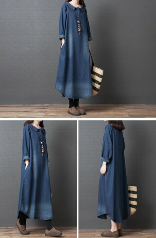 韓版女裝 牛仔連衣裙 連身裙 女裙 外出洋裝 長版 襯衫領 櫻桃嚴選 0