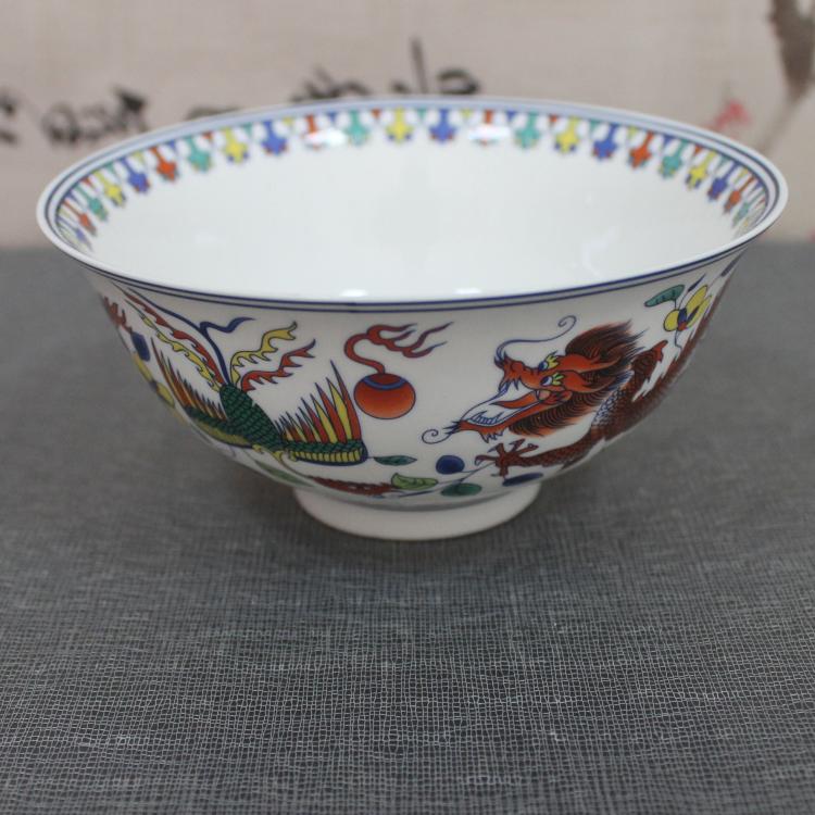 古玩陶瓷器收藏 乾隆年制款青花加彩龍鳳戲珠碗 仿古瓷器家居擺設