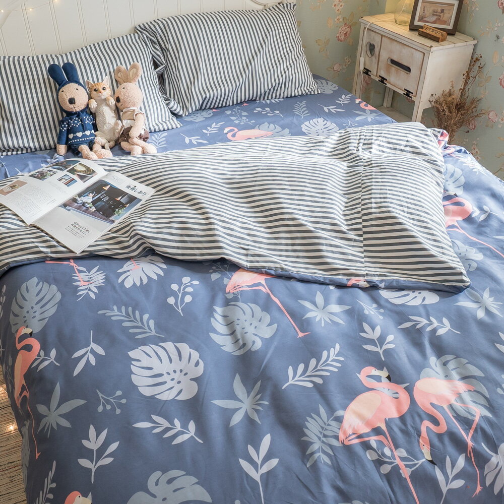藍色海洋紅鶴 單/雙/加大 組合賣場 100%復古純棉 台灣製 床包/寢具/兩用被 好窩生活節