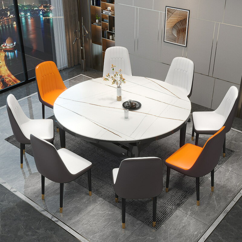 餐桌 意式極簡巖板實木餐桌椅組合家用伸縮折疊小戶型方圓兩用飯桌