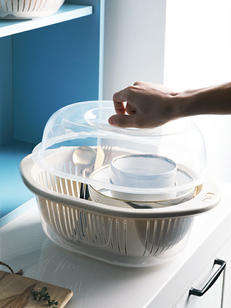 雙層瀝水籃 日式創意廚房雙層洗菜盆瀝水籃塑料大號帶蓋菜籃子家用客廳水果盤【CM10819】