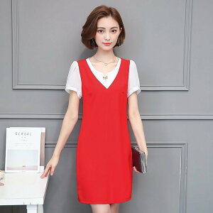 FINDSENSE G5 韓國時尚 大尺碼 V領 短袖 拼接 假兩件式 連身裙