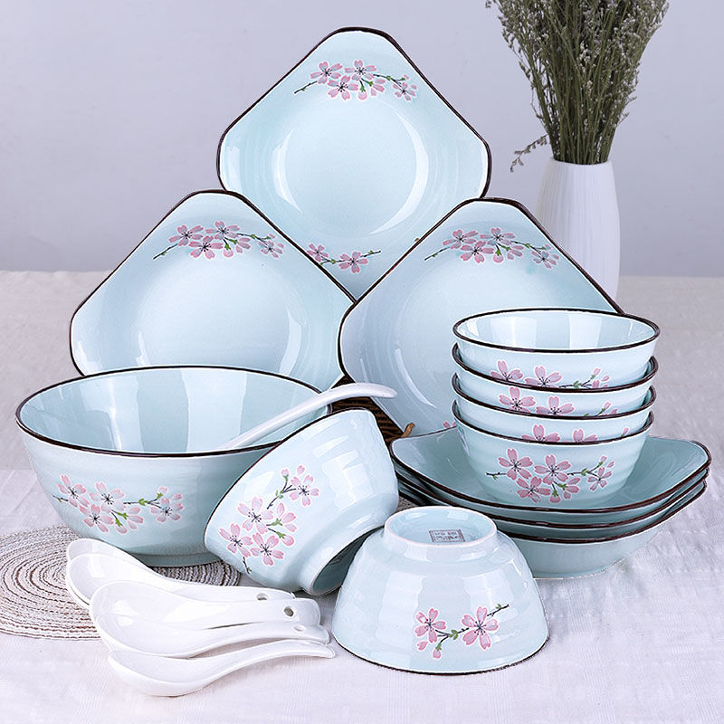 碗碟套裝4家用2人至6人餐具櫻花 碗盤碟碗 陶瓷碗日式碗筷情侶用