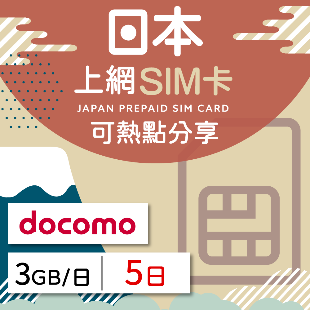 【日本 docomo SIM卡】日本4G上網 docomo 電信 每天3GB/5日方案 高速上網