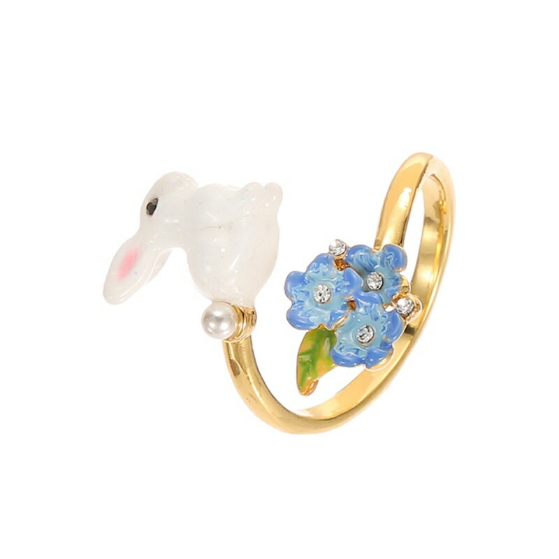 【巴黎精品】戒指琺瑯開口戒-珍珠兔子藍花鑲鑽女飾品a1gf17