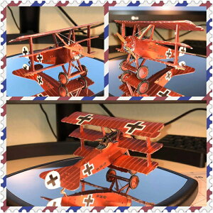 全金屬DIY拼裝模型3D立體拼圖 福克紅色男爵三翼飛機航空成人玩具