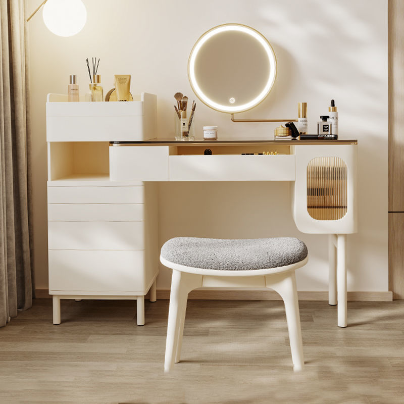 輕法奶油風梳妝臺2022年新款輕奢高級感白色小巧伸縮設計師化妝桌