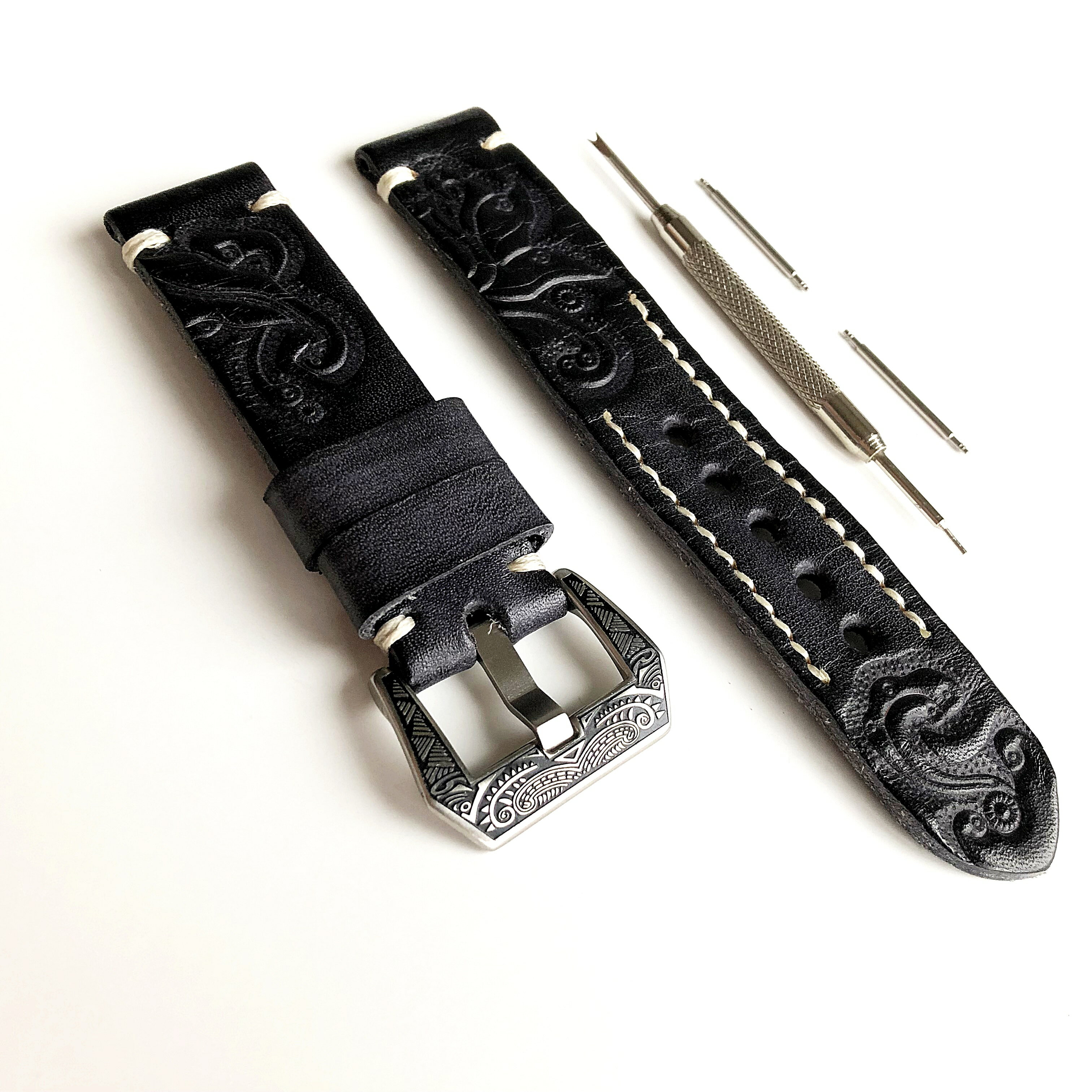 NICKSTON: Black with Gray 18mm 20mm 22mm 24mm Tooled Embossed Genuine ...