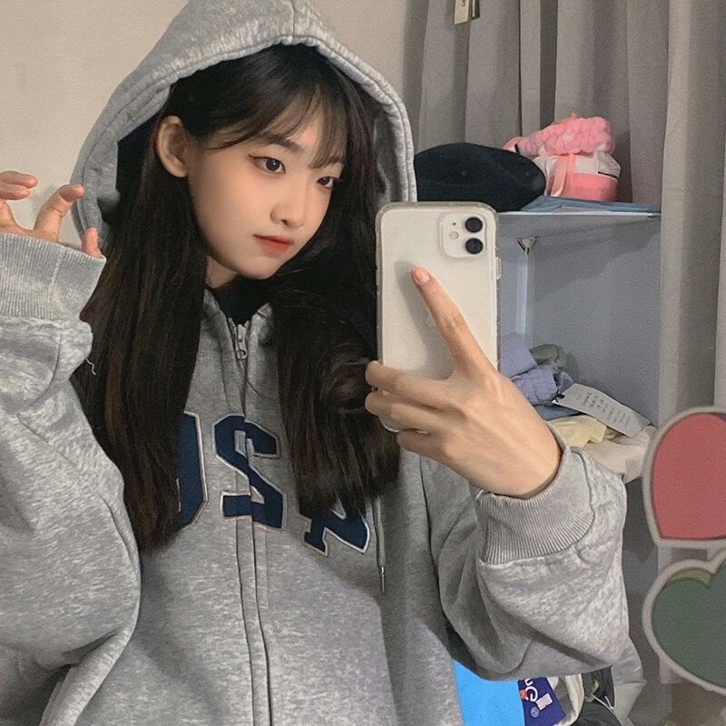 開衫拉鏈灰色衛衣女春秋薄款寬松學生百搭oversize連帽外套ins潮