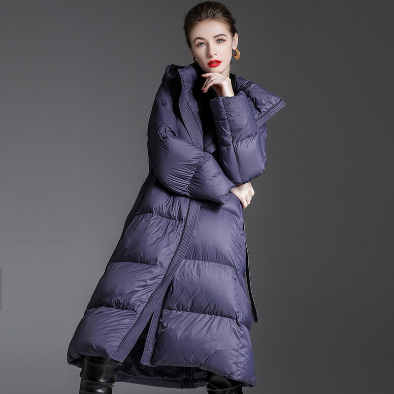 【巴黎精品】真 羽絨90%白鴨絨 羽絨外套鴨絨夾克-連帽長款寬鬆繫帶女外套2色p1au7