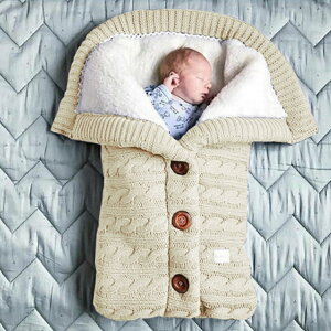 新生兒針織羊糕毛加厚紐扣睡袋 寶寶推車防踢毛線加絨嬰兒抱被子