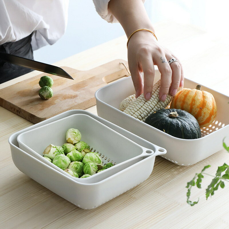 超值廚房家用長方形塑料洗菜籃瀝水籃濾水鏤空水果收納筐三件套