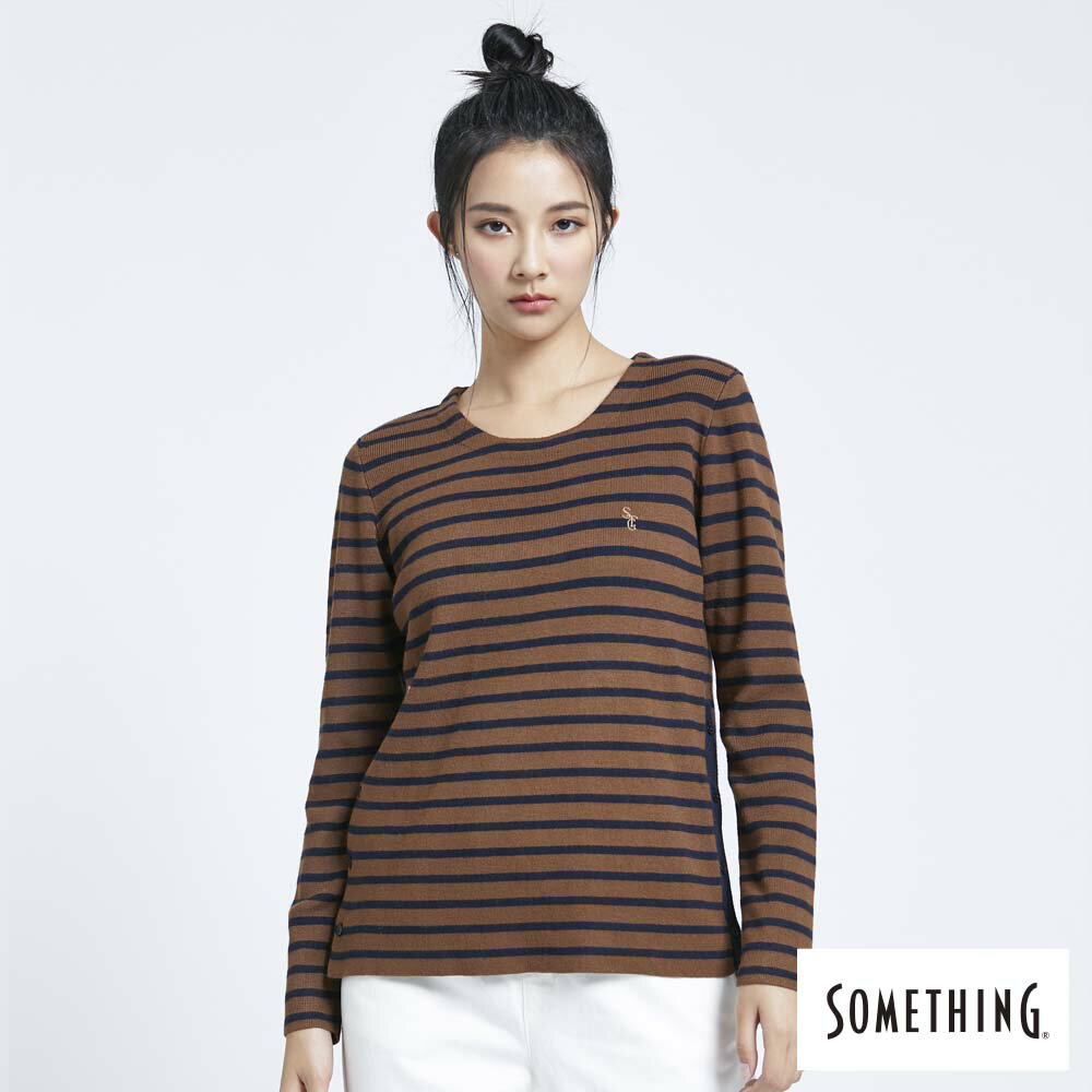 SOMETHING 女款 條紋側邊開叉長袖線衫 (暗咖啡)