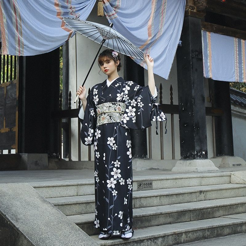 月下和服 黑色櫻花季少女和服浴衣日本和服正裝女改良和服