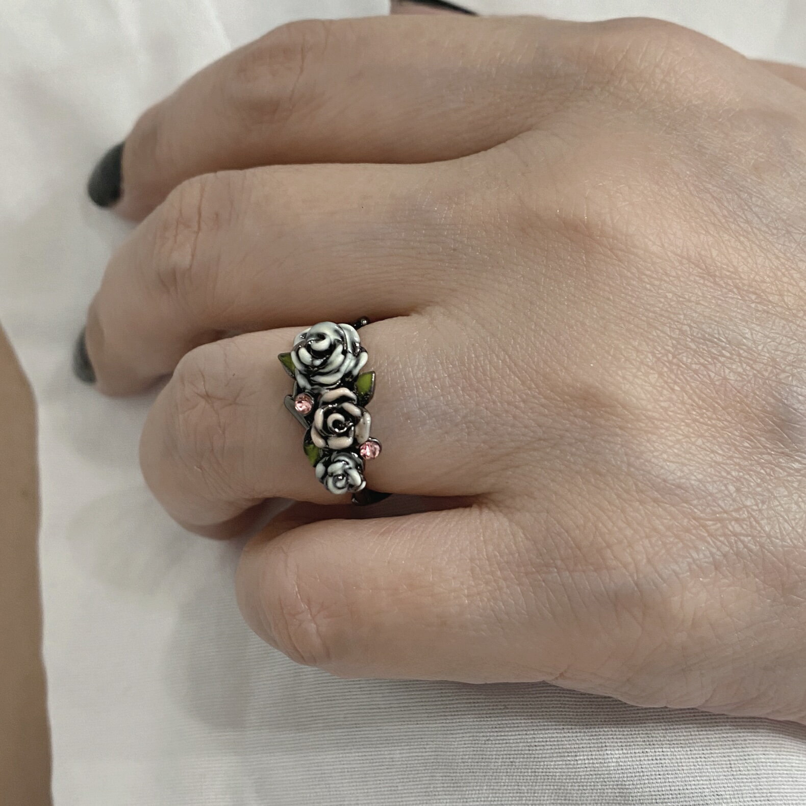 合金｜彩繪玫瑰花戒指｜黑色