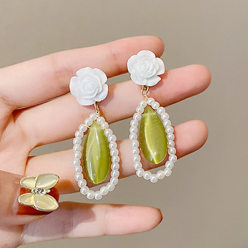 925銀針韓國東大門優雅復古耳環女綠貓眼石珍珠樹脂花朵水滴耳飾