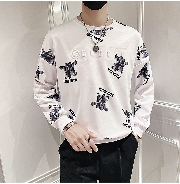 FINDSENSE X 男士小熊氣泡印花寬鬆圓領套頭無帽衛衣T恤