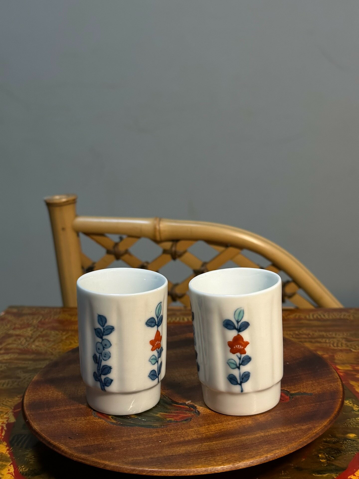 日本中古迴流色鍋島青山作色繪花草紋聞香杯酒杯茶杯對杯