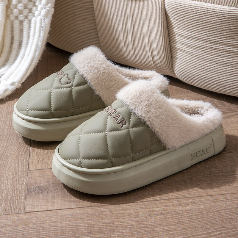 【喜挖】2025新款pu防水棉拖鞋女士情侶居家用加絨保暖厚底防滑棉拖男秋冬