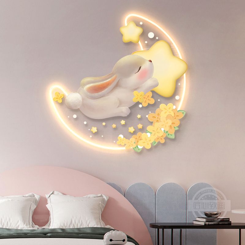 奶油風兒童房裝飾畫可愛兔子公主房背景墻壁燈畫女孩臥室床頭掛畫