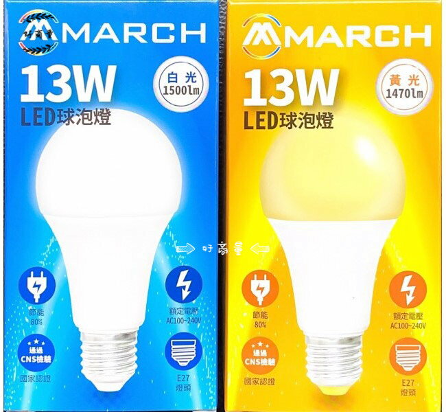 MARCH LED 13W 燈泡 高效能 白光/黃光/自然光 現貨 CNS國家認證 眼無藍光保護家人眼睛 好商量~