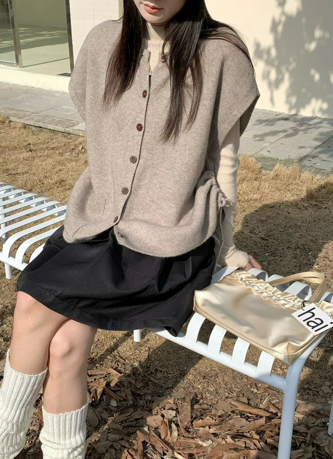 側抽繩羊毛絨疊穿外套背心   【B393256】