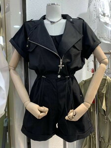 韓國夏季氣質翻領拉鍊松緊收腰顯瘦工裝連身短褲女