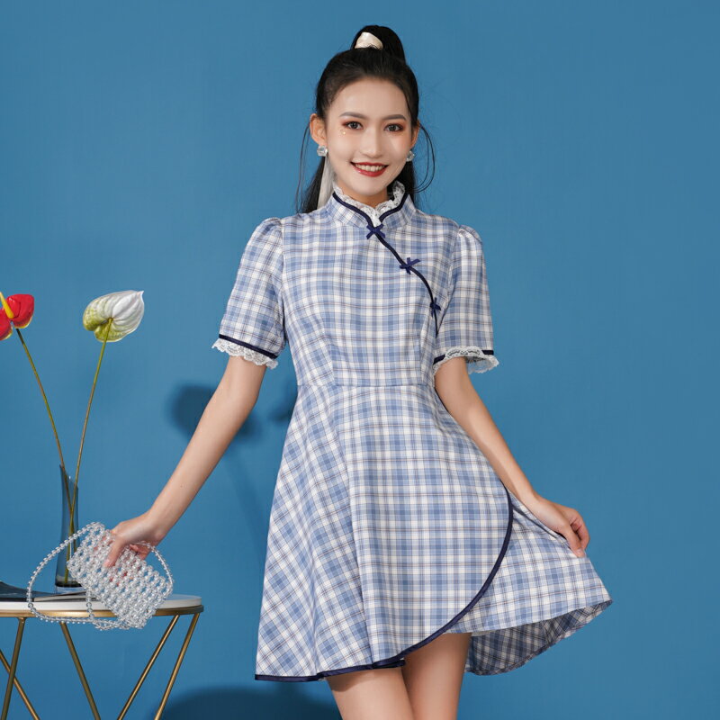 格子旗袍改良版年輕款少女日常可穿春夏學生小個子連衣裙