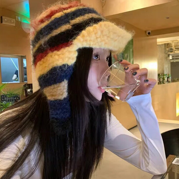 韓系復古撞色針織雷鋒帽女2024新款秋冬保暖防寒護耳飛行毛線帽子