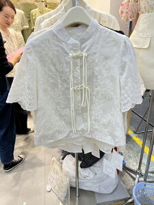 韓國夏季復古中國風蝴蝶結盤扣提花短袖襯衫上衣女