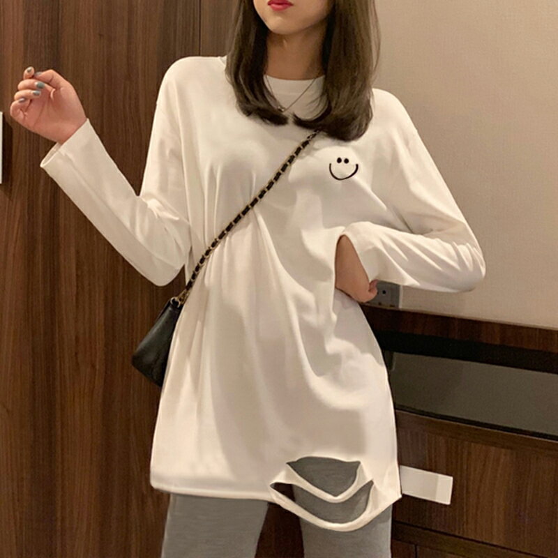 超火長袖T恤女秋冬加絨韓版破洞中長款上衣洋氣內搭打底衫新 3