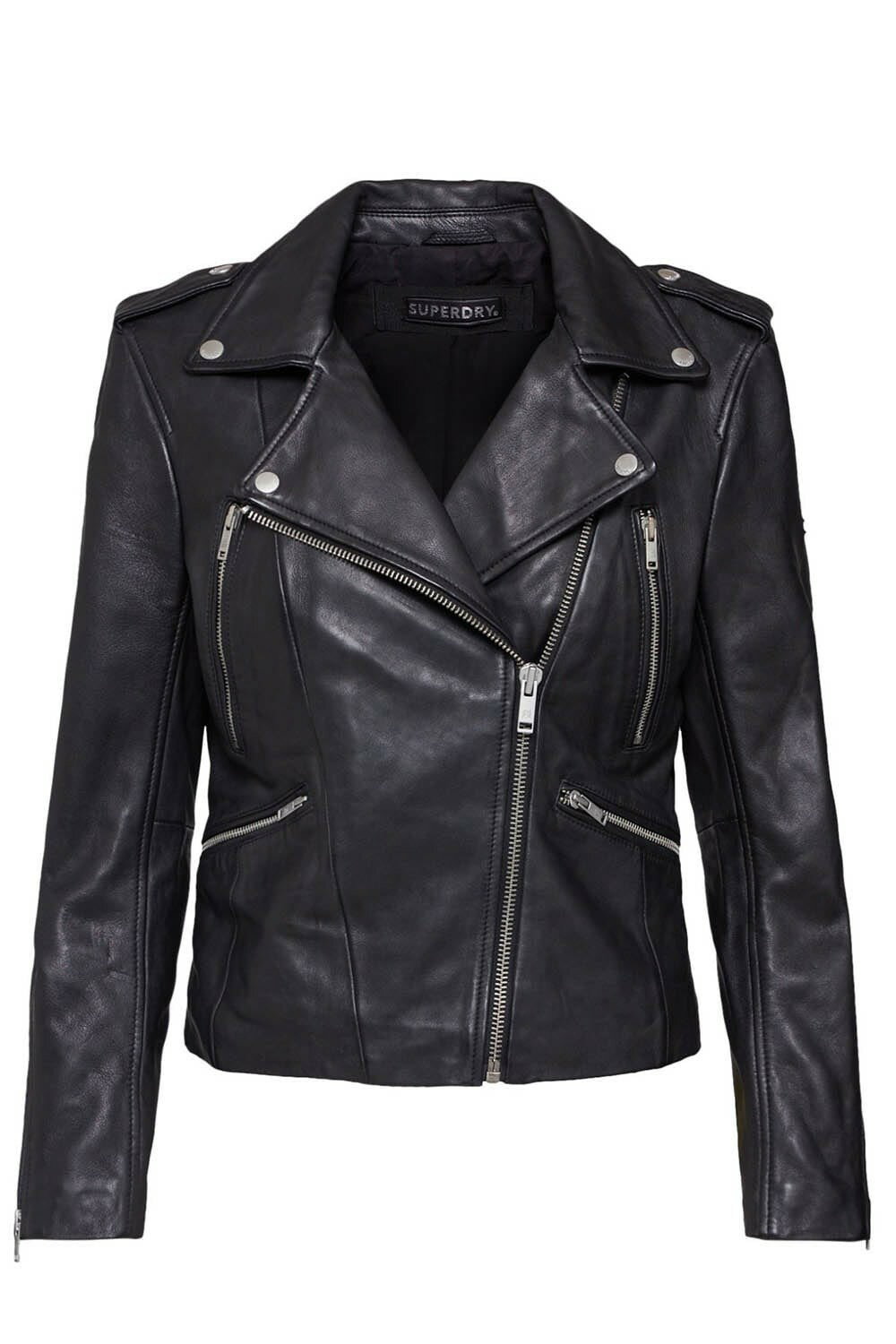 跩狗嚴選 極度乾燥 Superdry Biker 女款 搖滾 騎士 羊皮 皮衣 經典黑 真皮 外套 機車夾克 翻領 拉鍊袖口 口袋