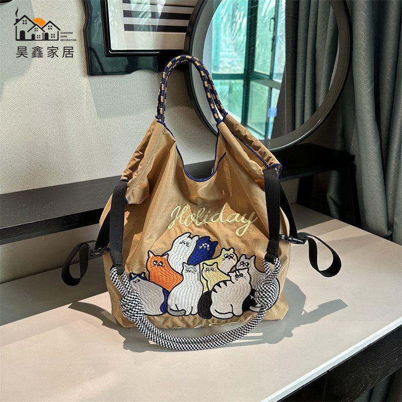 免運 附發票 購物袋 購物包 日系ballchain新款十只貓環保刺繡購物袋大容量手提單肩斜挎女包